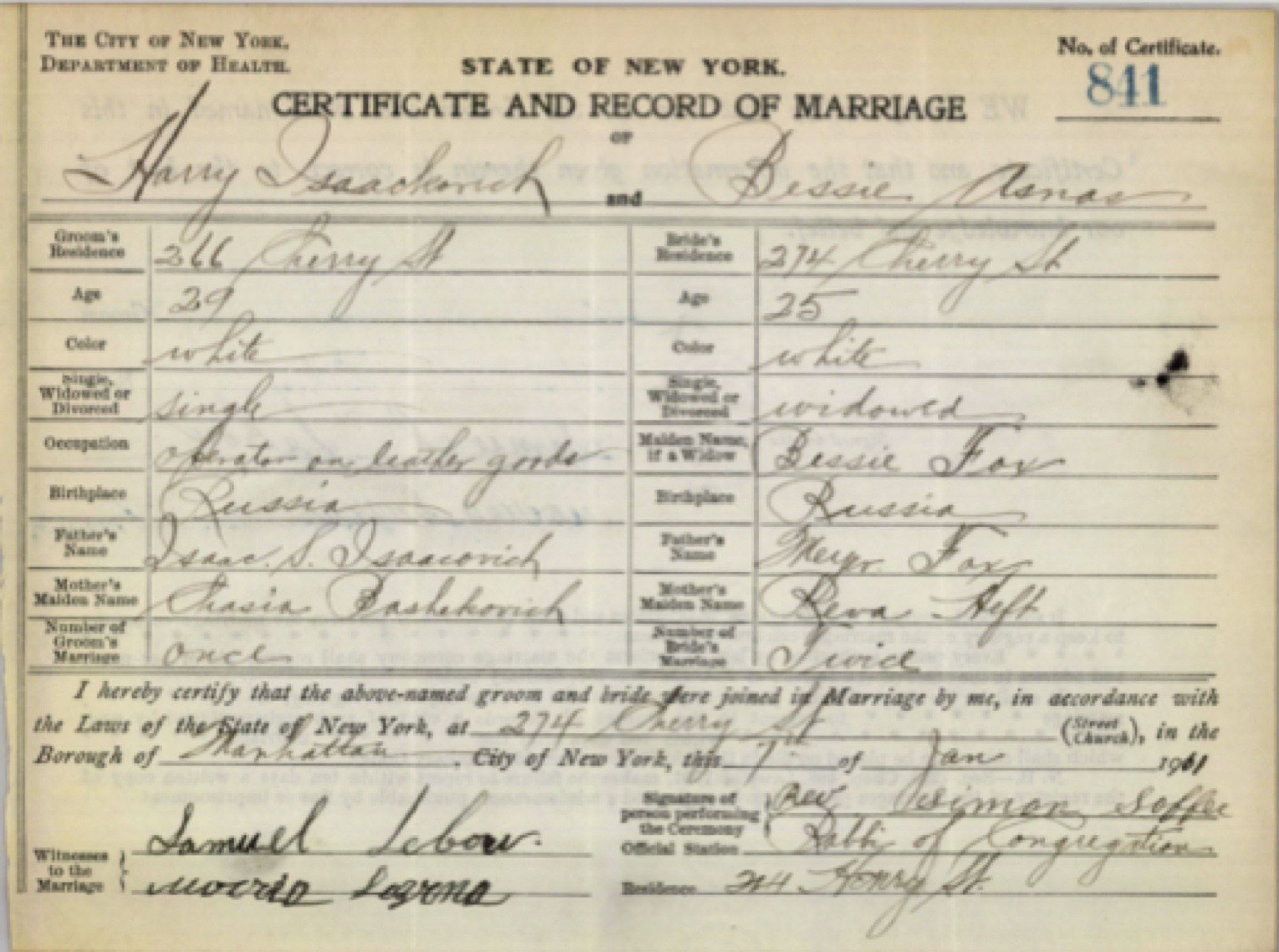 1911 Manhattan marriage certificate of Bessie Fox; the witness line is signed Samuel Lebow