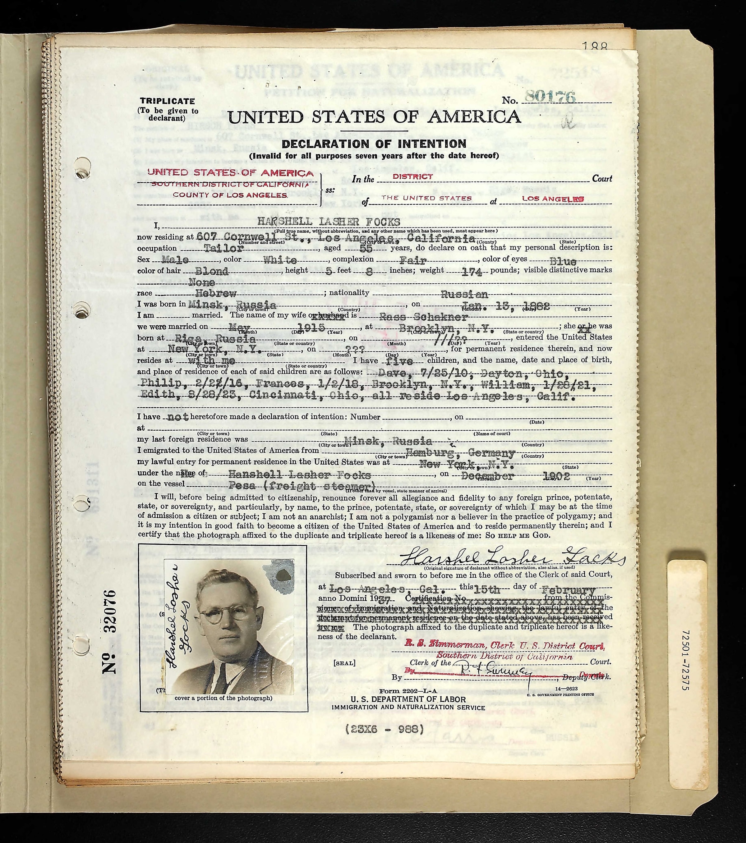 Harry Fox's 1937 Declaration of Intention, filed in Los Angeles, with his photograph affixed at lower left and his signature across it