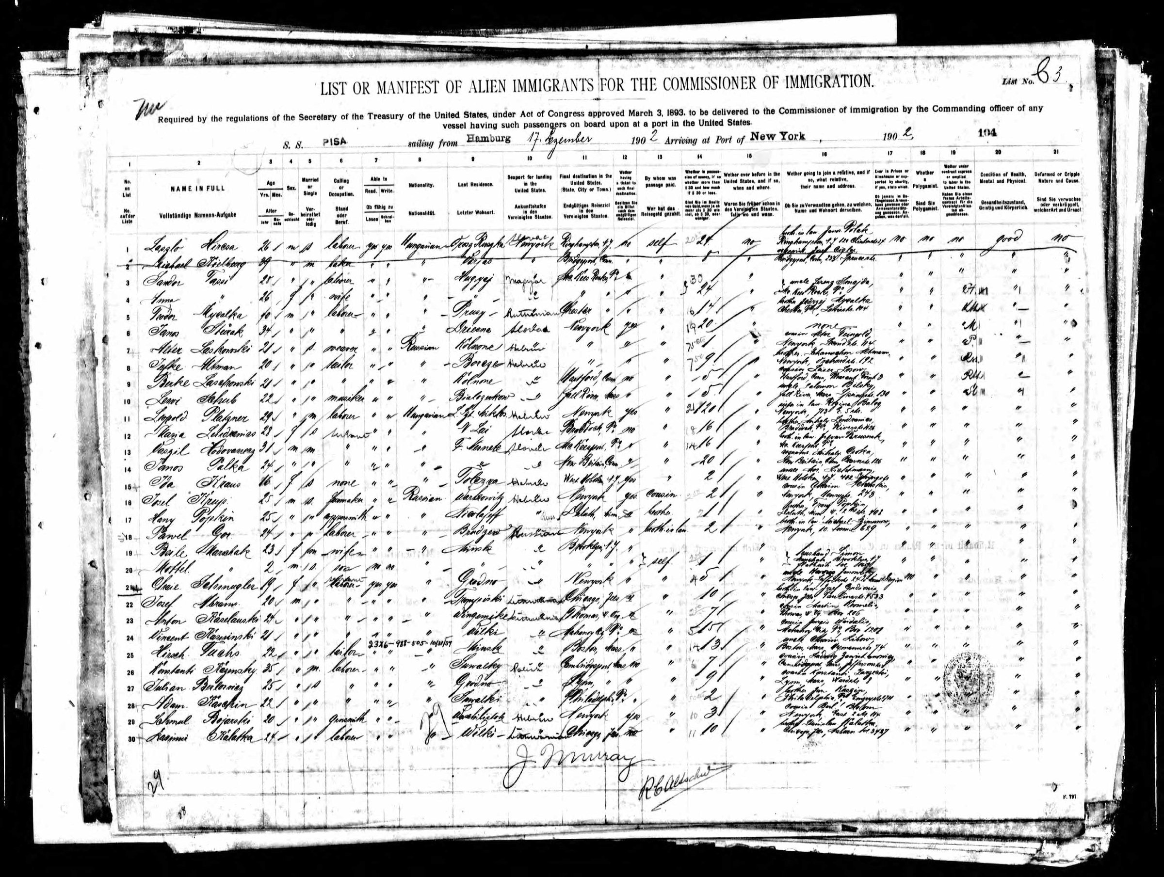 Passenger manifest of the S.S. Pisa, arrived New York January 2, 1903; line 25 records Hirsch Fuchs of Minsk, destination Boston, going to 'uncle Chaim Lebow'