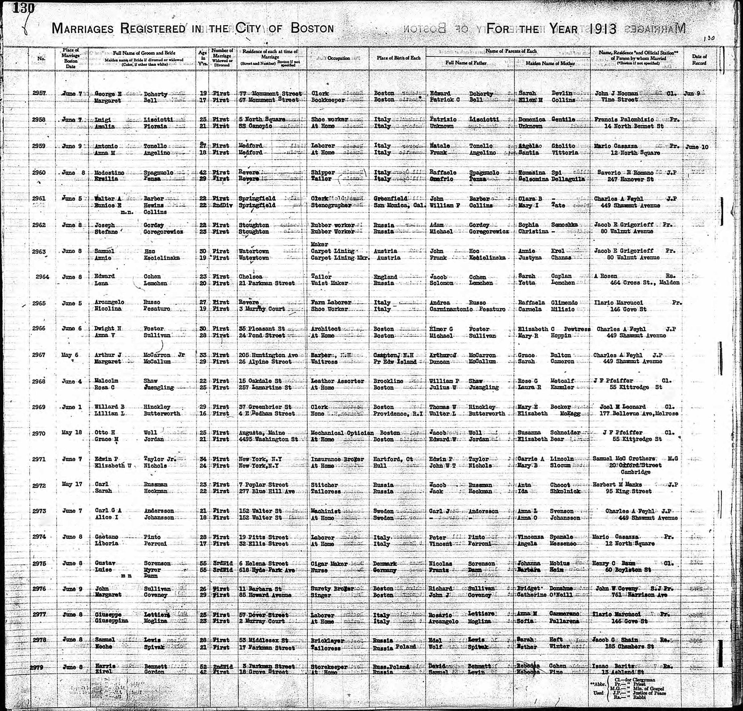 Boston marriage register page for 1913; row 2978 records Samuel Lewis and Noche Spivak, with the mother's maiden name column reading Heft