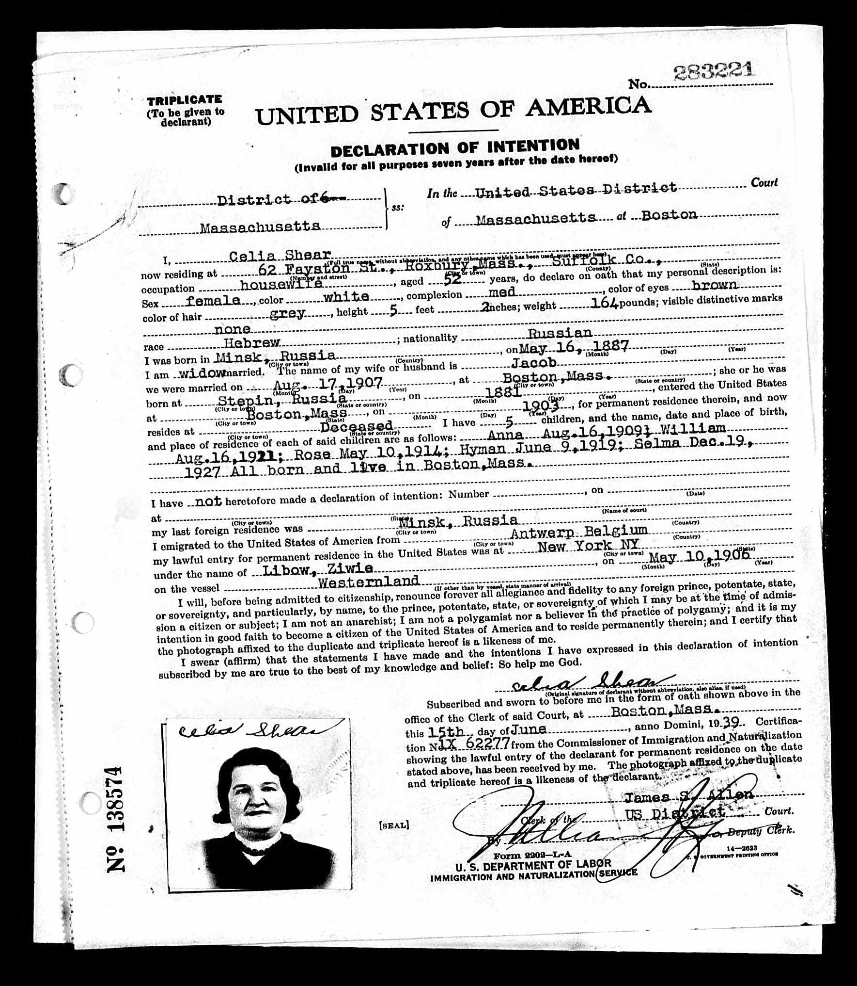 Sivia Lebov's Declaration of Intention, filed in Boston as Celia Shear, with her photograph affixed at lower left; it names her immigrant name Ziwie Libow and the ship Westernland, arrived New York May 10, 1906