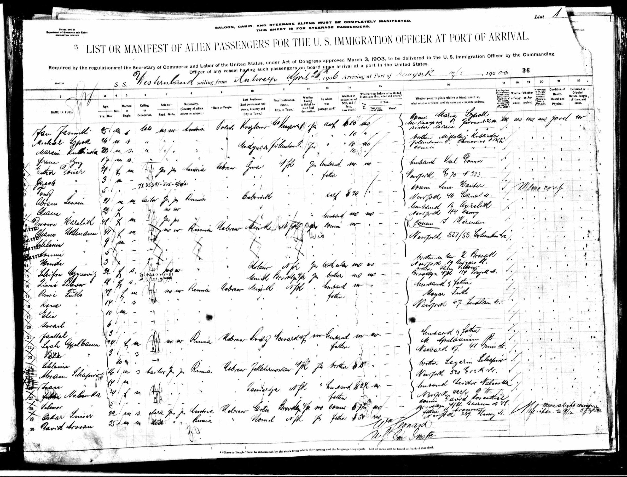 Passenger manifest of the S.S. Westernland, arrived New York May 10, 1906; line 16 records Ziwie Libow and line 17 Rinie Fuks with four children, adjacent entries