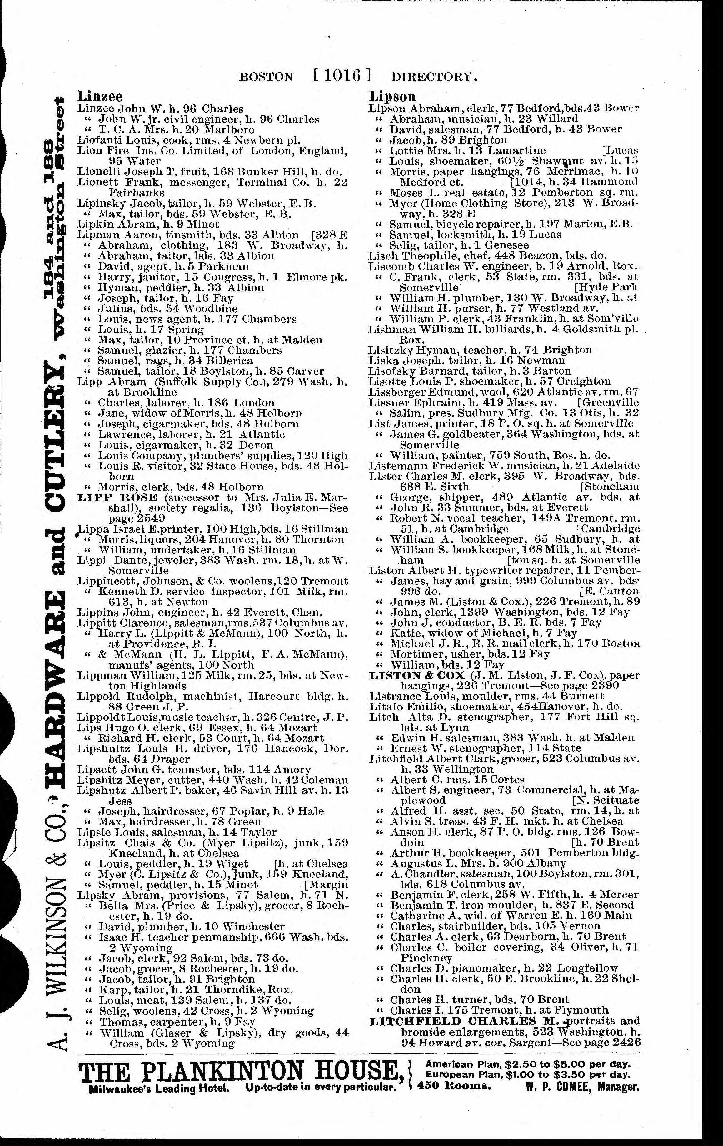 Page 1016 of the 1902 Boston city directory; an entry reads 'Lisitzky Hyman, teacher, h. 74 Brighton'